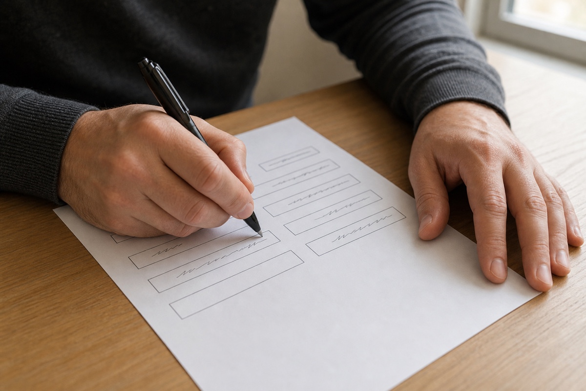 用紙の空いている記入欄の内側へ、ペンで情報を書き込む人の手元