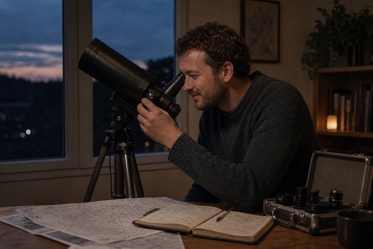 自宅で望遠鏡をのぞき、天体観測に夢中になっている人