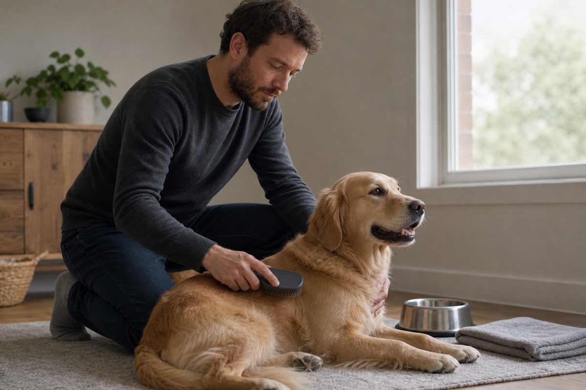 犬の体を支えながら、落ち着いて毛をとかして世話をする人