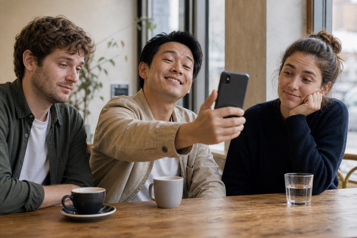 新しいスマートフォンを友人の前へ得意げに突き出す男性