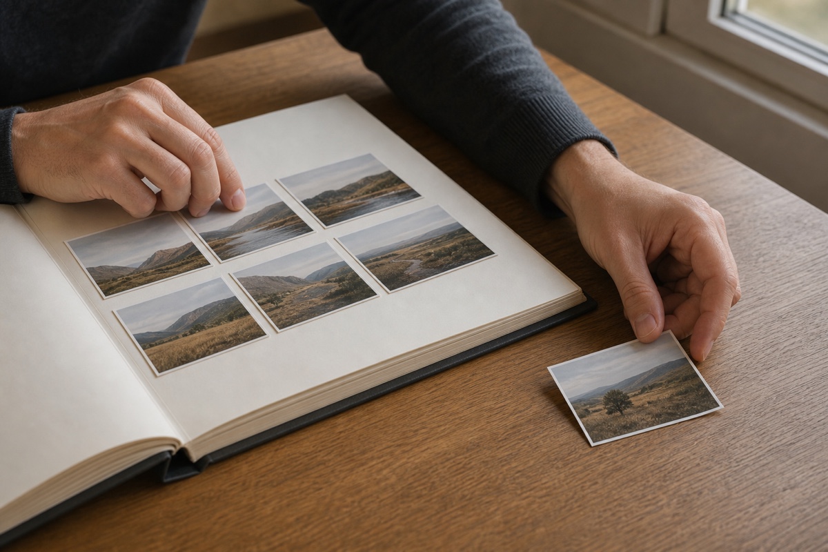 アルバムのまとまりへ写真を並べながら、一枚だけを外側へ残す人の手元