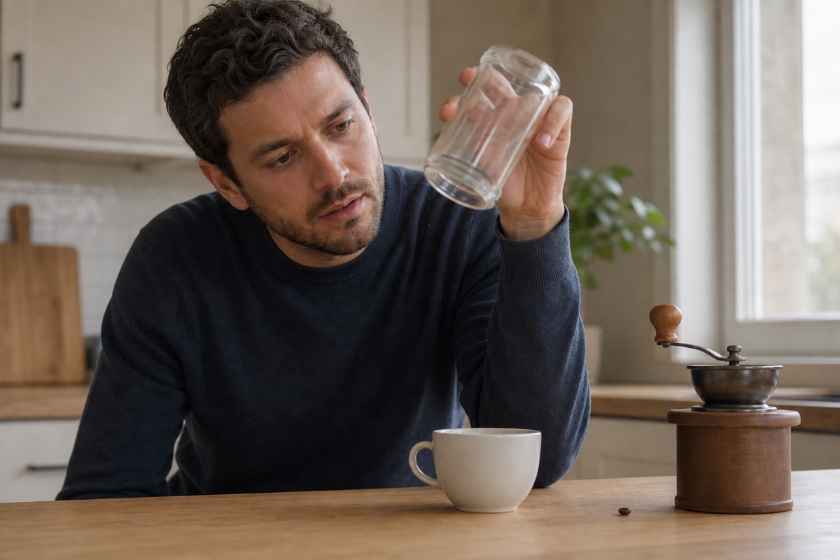 空のコーヒー豆容器をカップの上で傾け、何も残っていないと気づく人