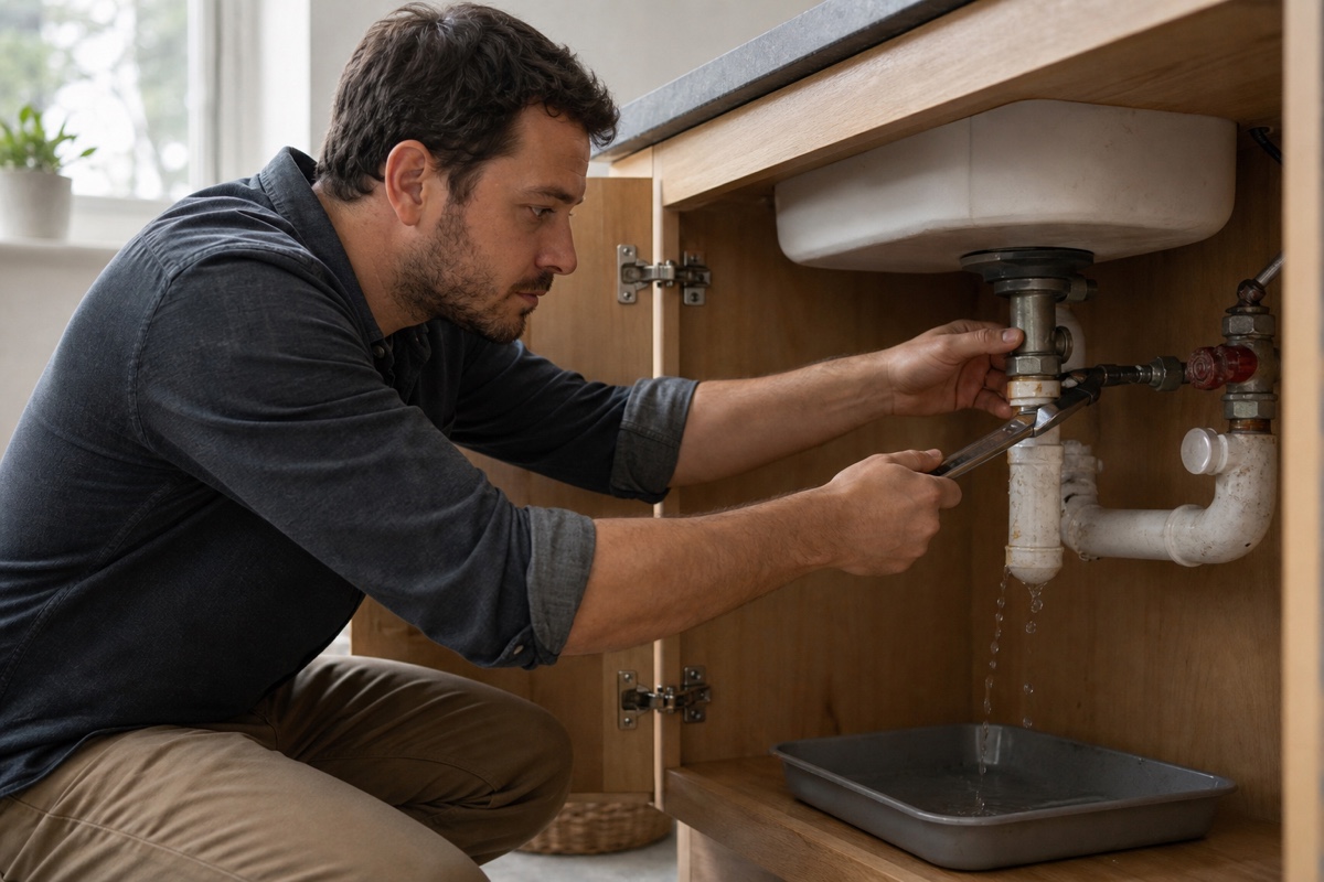 水漏れしている配管に向き合い、工具で修理する人