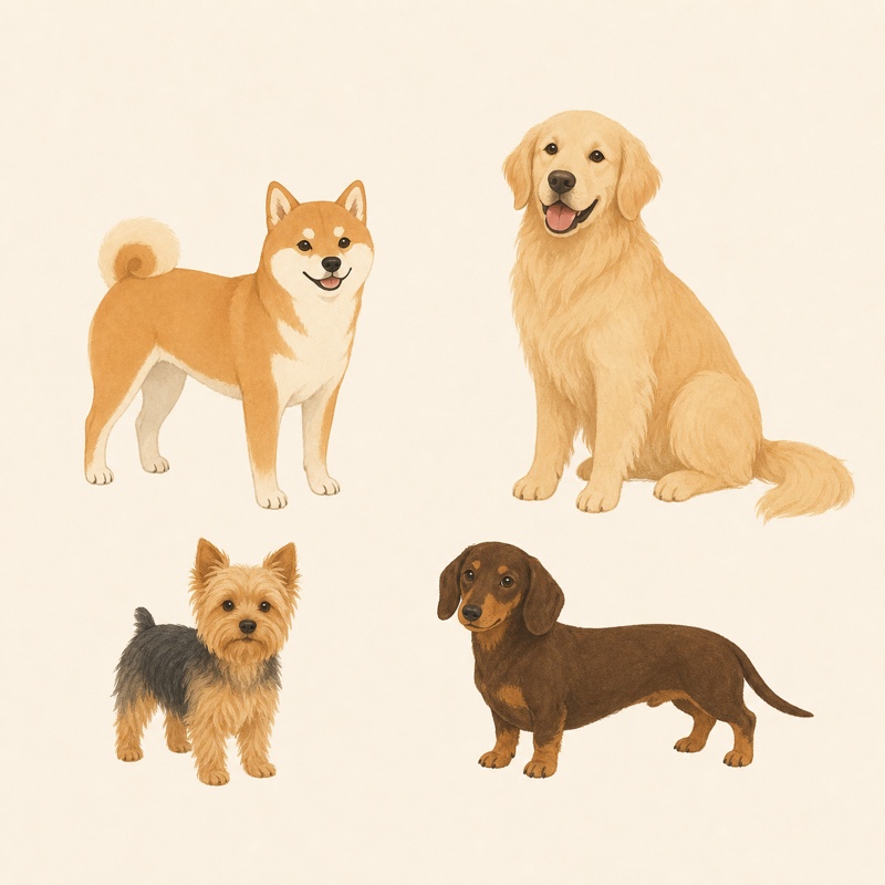 体格や大きさの異なる4匹の犬が、余白をあけて並んでいる