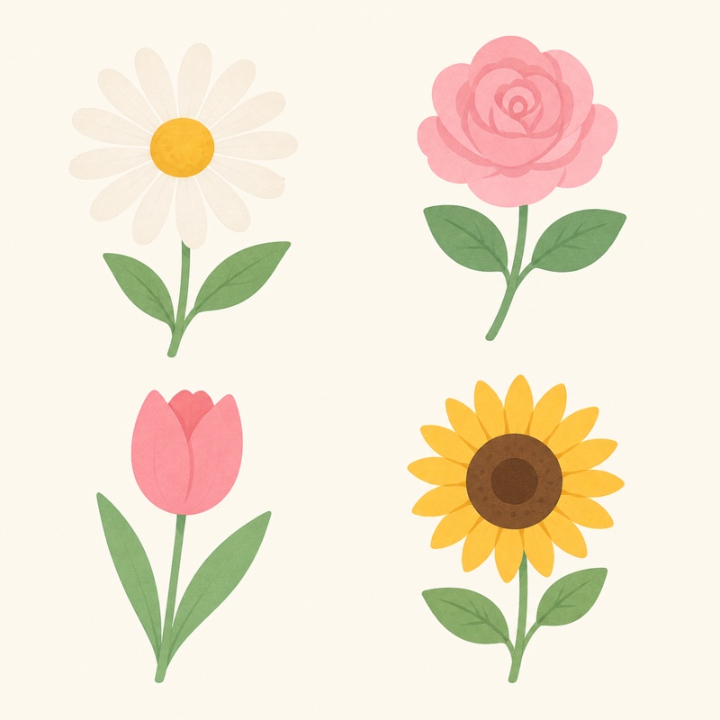 デイジーを中心に、形の異なる4本の花が余白をあけて並んでいる