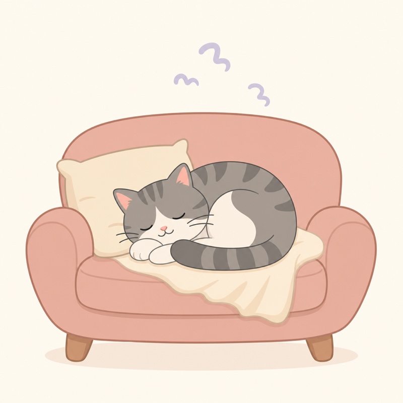 ソファの上で丸くなって眠る猫