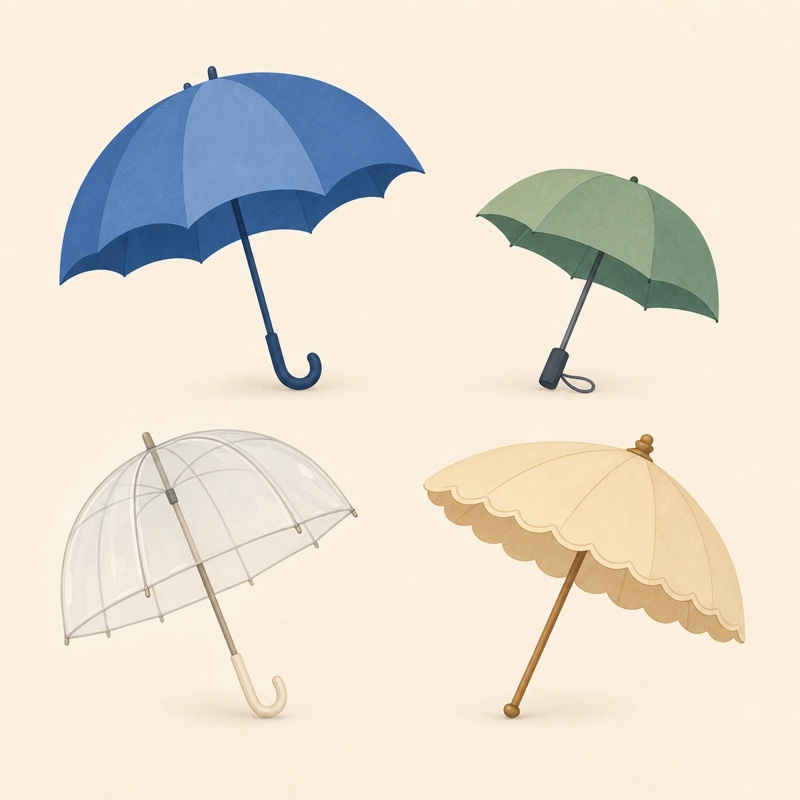 雨傘を中心に、形や用途の異なる4本の傘が余白をあけて並んでいる